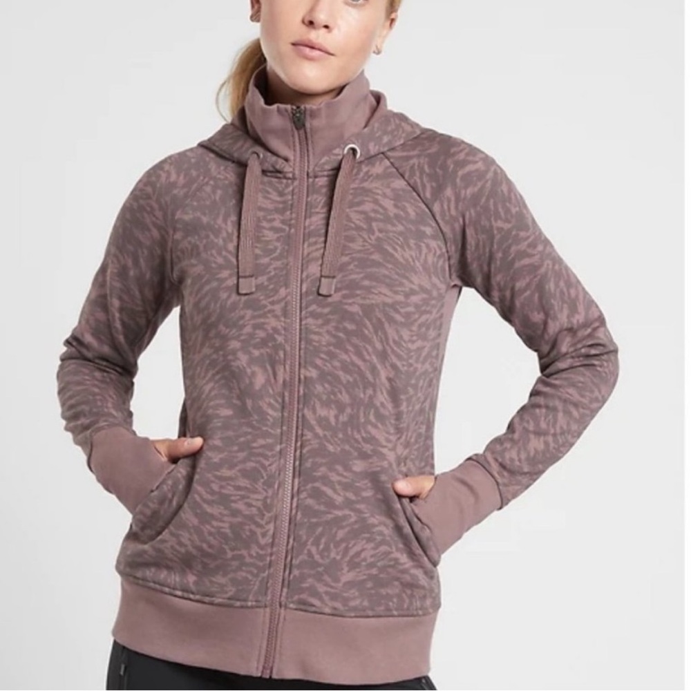 Athleta Triumph Printed Hoodie Jacket Smocked Almond Leopard Full Zip Sweatshirt